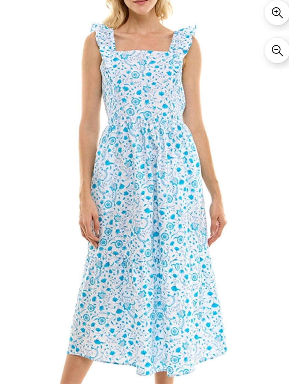 Draper James Flutter Strap Smocked Midi Dress Size L Blue/White Loop
